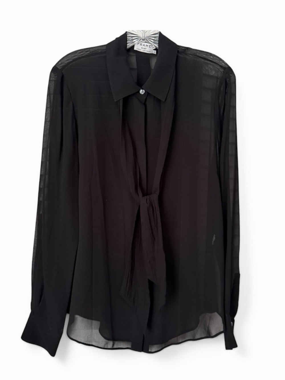 Frame Black sheer silk blouse with tie neck detail. Size M
